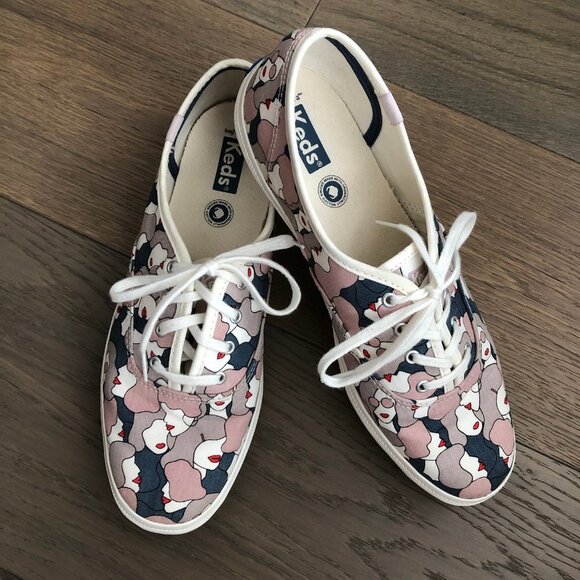 Keds Canvas Softerra Cushion Lace Up Sneakers w Face Graphics Pink Grey Sz 9 - Picture 2 of 10